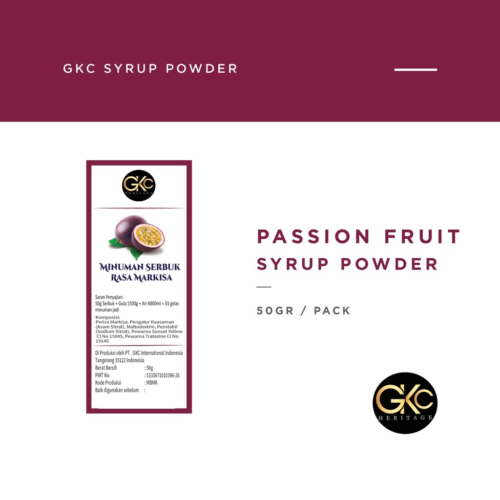 

GKC Heritage Sirup Bubuk Konsentrat Minuman Markisa - HALAL - 50 Gram - Passion Fruit Powder Syrup