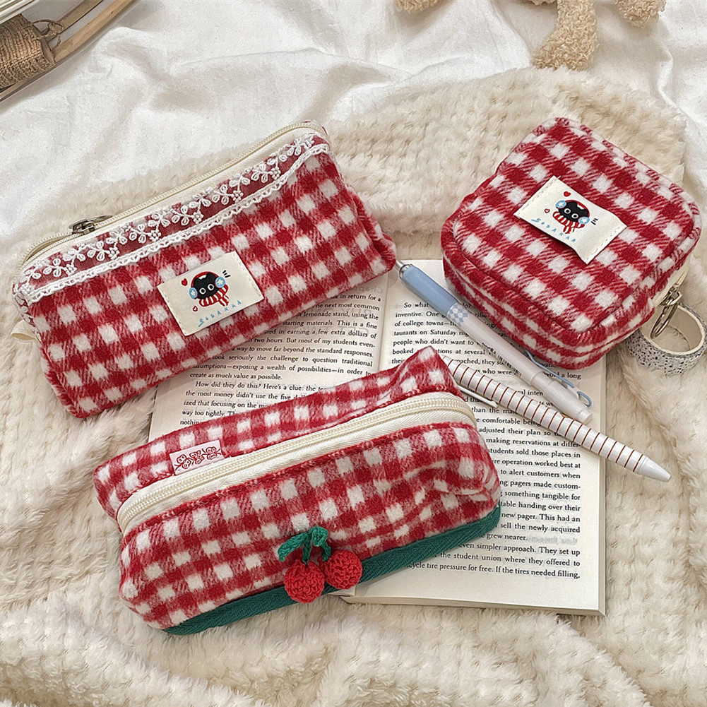 

Cute Cloth Pencil Bags Large Capacity Stationery Storage Bag Multi-functional Cosmetic Bag Red Color erry Pencil Case Student