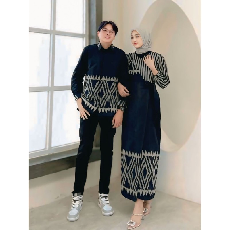 Set Baju Couple Tenun Marline B Casy Dress Dan Kemeja Kondangan Panjang Setelan Pasangan Wanita Baju
