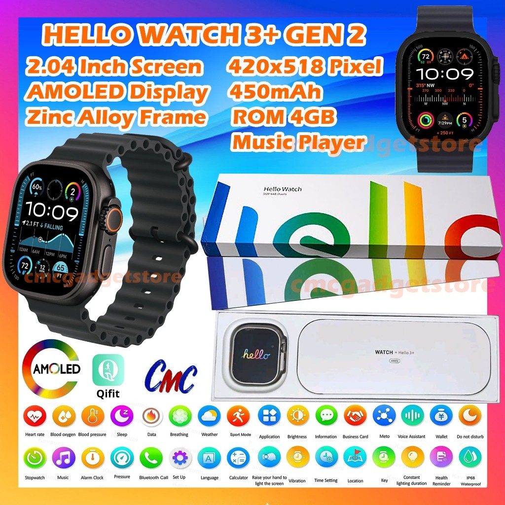 Hello Watch 3 PLUS Ultra GEN 2 - Hello 4 Plus Smartwatch AMOLED 2.04 inch Music 4GB Pria Wanita