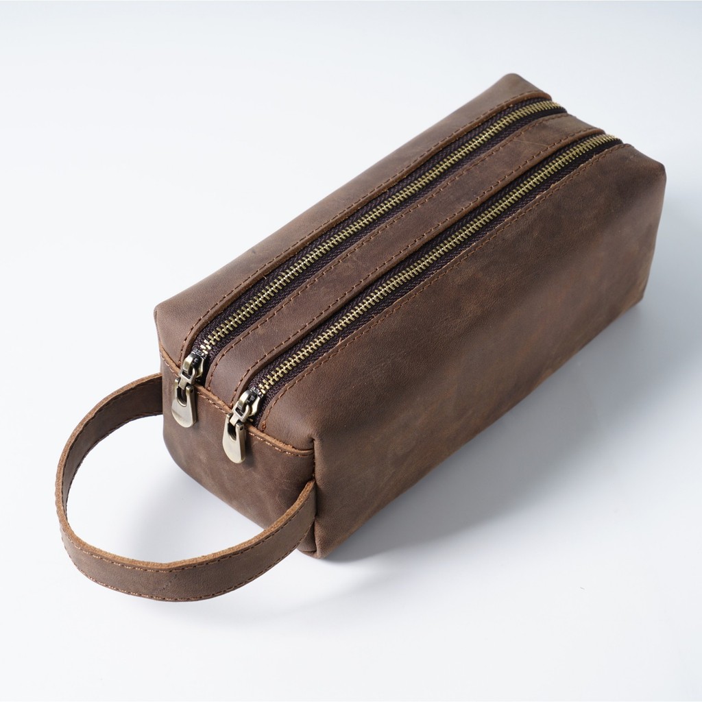 

Genuine Leather Pen Holder Case with Double Zippered Pocket, Handmade Vintage Pens Organizer Pouch for Office School Stationery