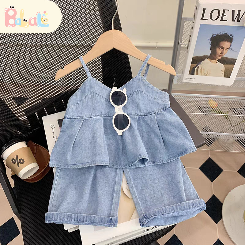 M389EF Setelan Denim Anak Perempuan Setelan Baju Anak Perempuan Set 2-7 Tahun Baju Anak Perempuan Se