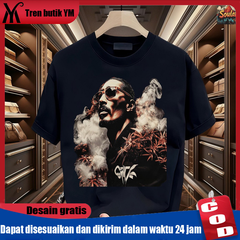YM（COD) Kaos Distro Hitam Snoop Dogg Style - Desain Grafis Asap & Daun Artistik, Teks "Gush Ginny" G
