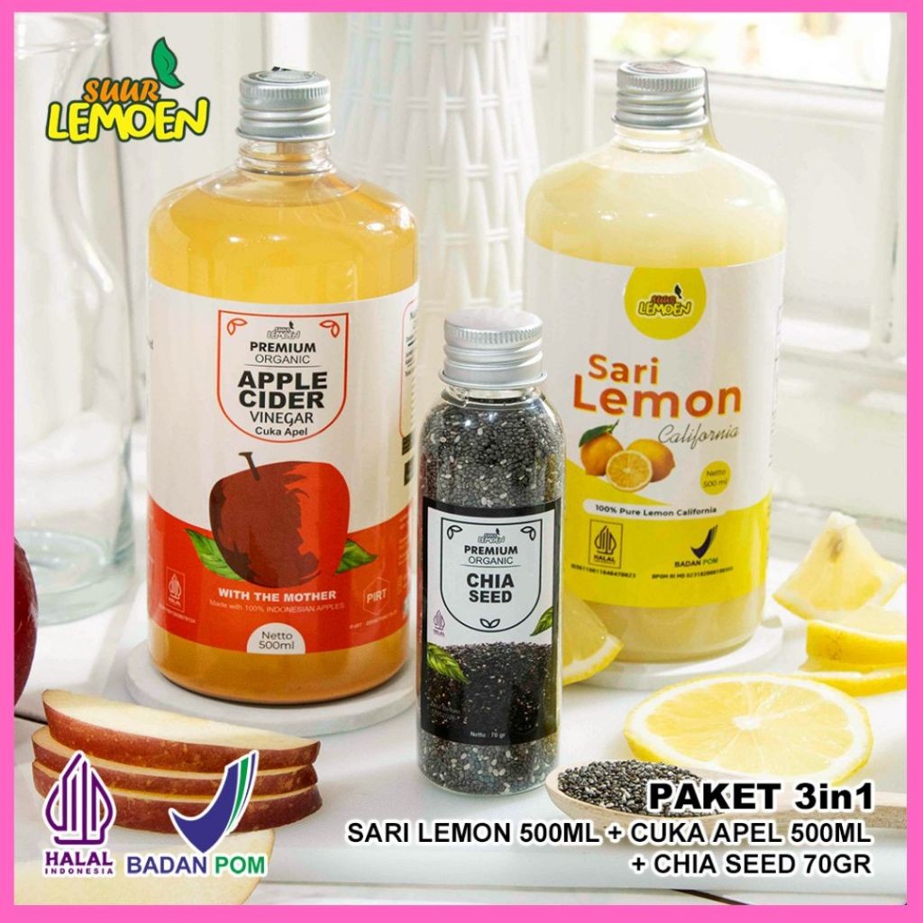 

Suur Lemoen Paket Diet Cuka Apel 3 In 1 Cuka Apel 500 ML Sari Lemon Chia Seed