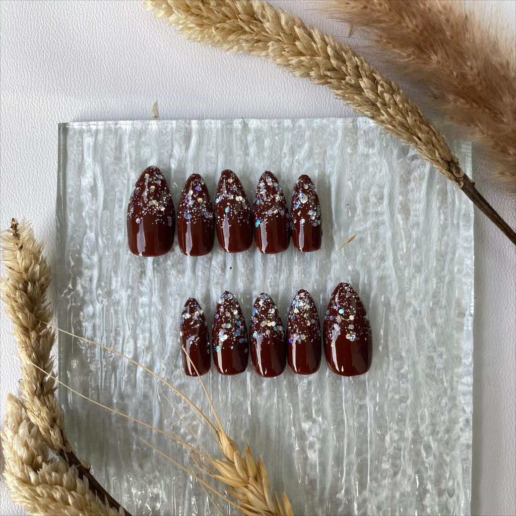 FREE LEM - Kuku palsu pendek pengantin wedding coklat mahoghani| Kuku palsu nail art + lem warna | F