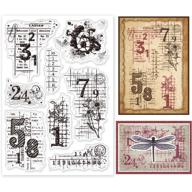 

1Sheet Vintage Numbers Background Transparent Clear Stamps Flower Word Embossing Stamp Sheets Silicone Clear Stamps Seal for DIY