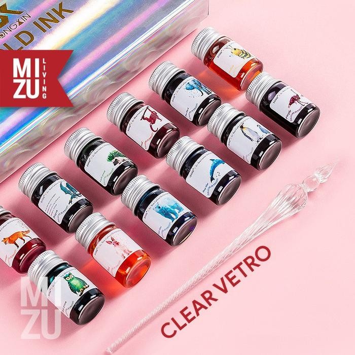 

MIZU PENNA VETRO XII GLASS Dip Pen Kaca raphy Set 12 Tinta Shimmering Glitter INK - CLEAR VETRO