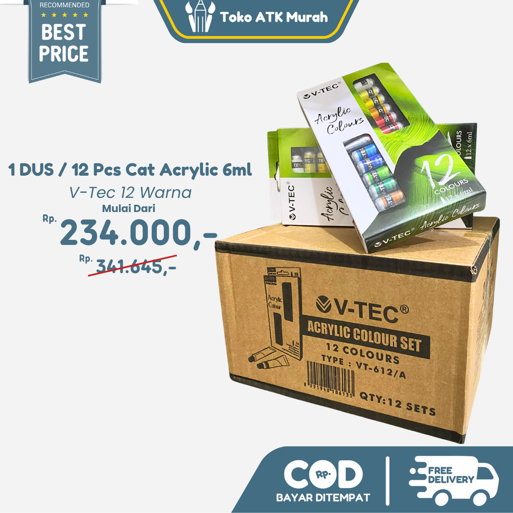

1 DUS / 12 Pcs Cat Acrylic V-Tec 6Ml 12 warna VT-612 6ml Cat Akrilik V-Tec