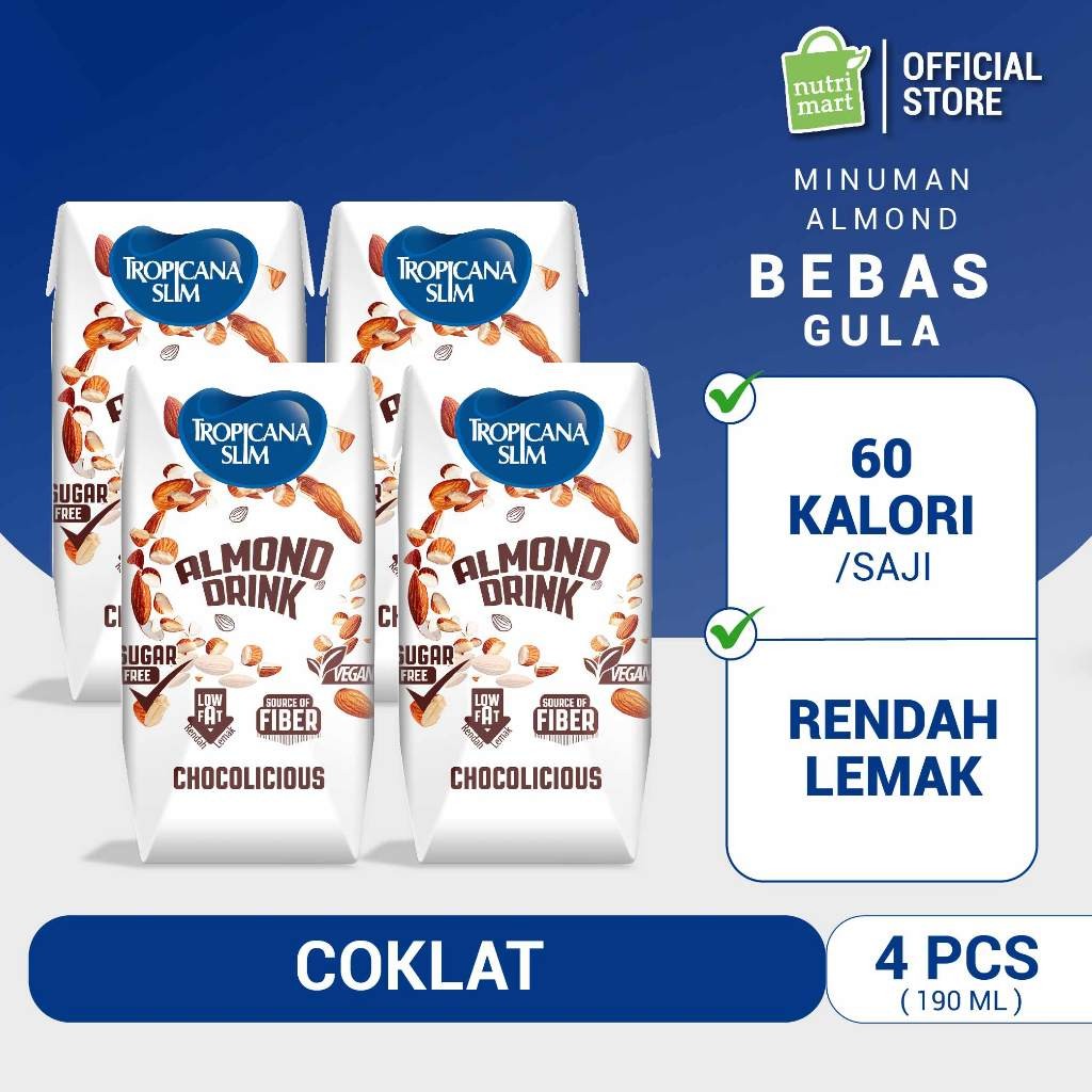 

Tropicana Slim Almond Drink Chocolicious 190ml (4 pcs) - Minuman Almond Cokelat Bebas Gula Ready to Drink