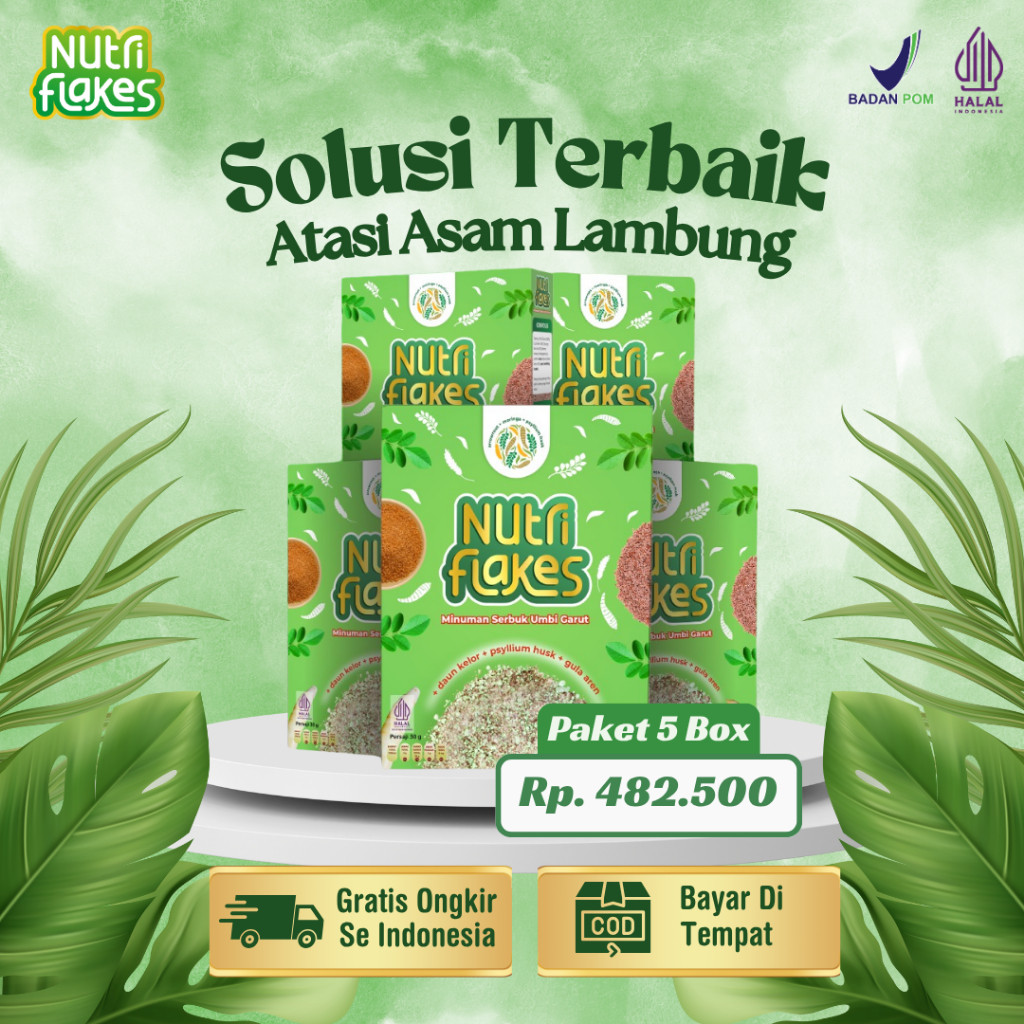 

Nutriflakes 100% Original Sereal Umbi Garut Membantu Meredakan Asam Lambung Paket 5 Box
