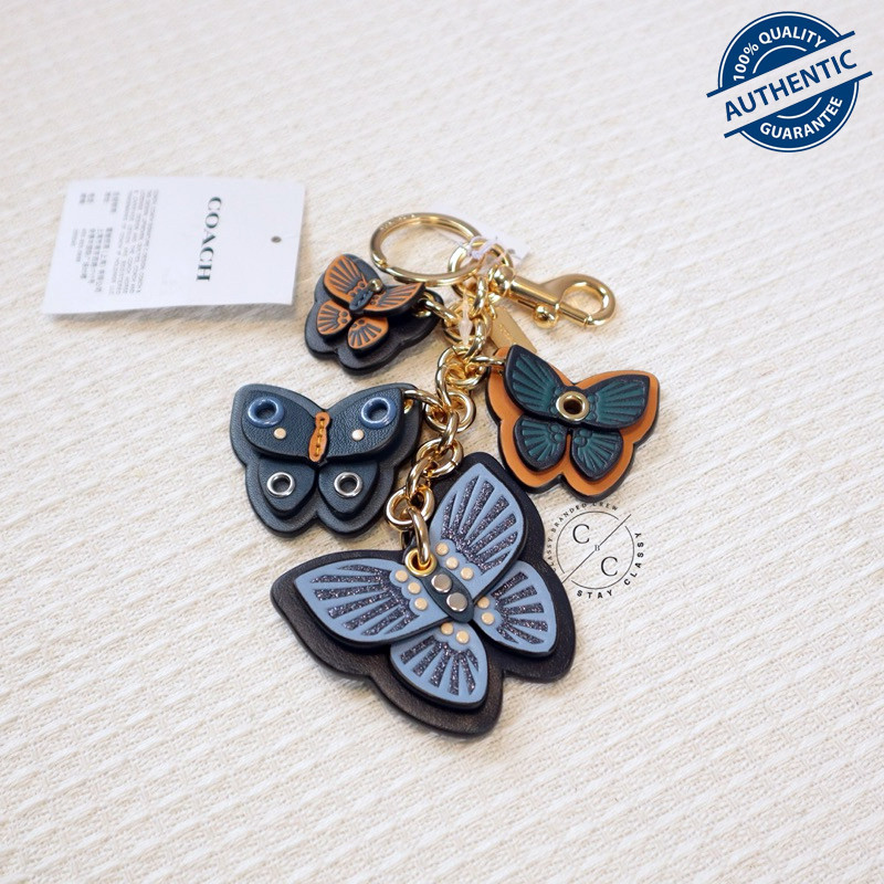(READY) Coach Butterfly Cluster Bag Charm Gold Denim Multi Keychain