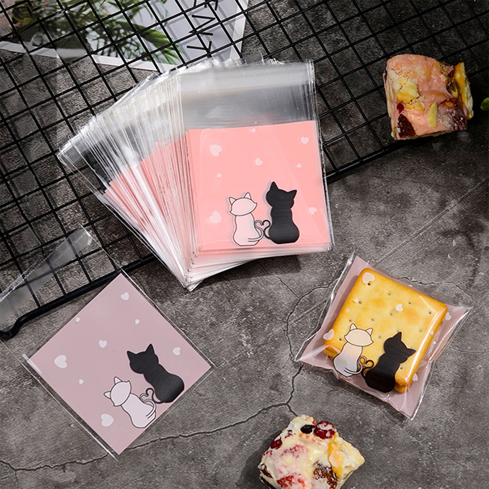

100Pcs Cookie Bags Self-Adhesive Bags Pink Couple Cats Biscuits Candy Jewelry Gift Packaging Plastic Bag