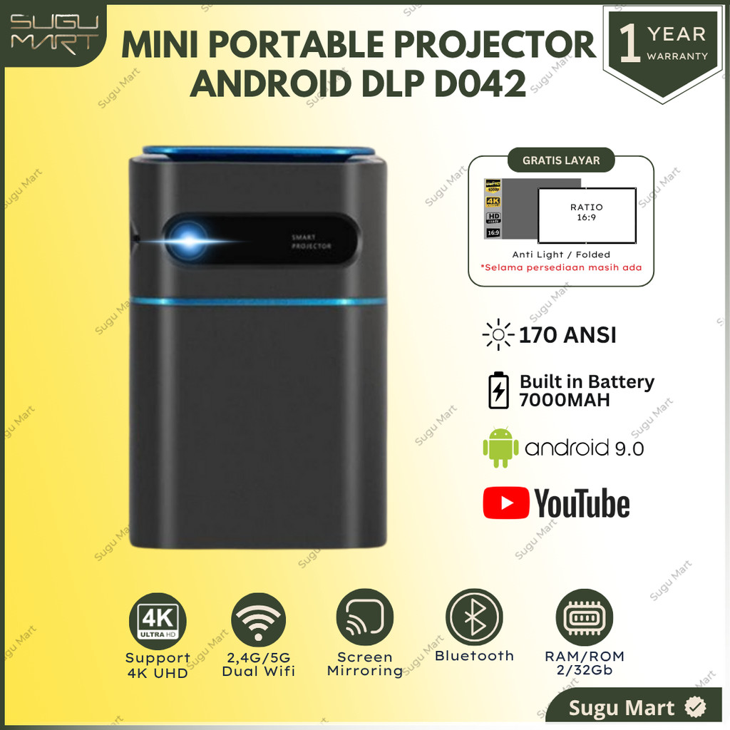 Proyektor DLP D042A 170 Ansi Lumens RAM 2 / 32 Android 9 Full HD | Proyektor build in battery | Proy