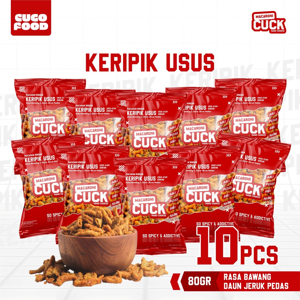 

Macaroni Cuck Keripik Usus Pedas Daun Jeruk Kemasan Reguler 80gr x10
