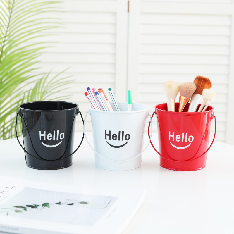 

Mini Iron Bucket With Handle Pencil Holder Office Desk Metal Round Pen Pot Cup Case Container Organiser Durable Pencil Case