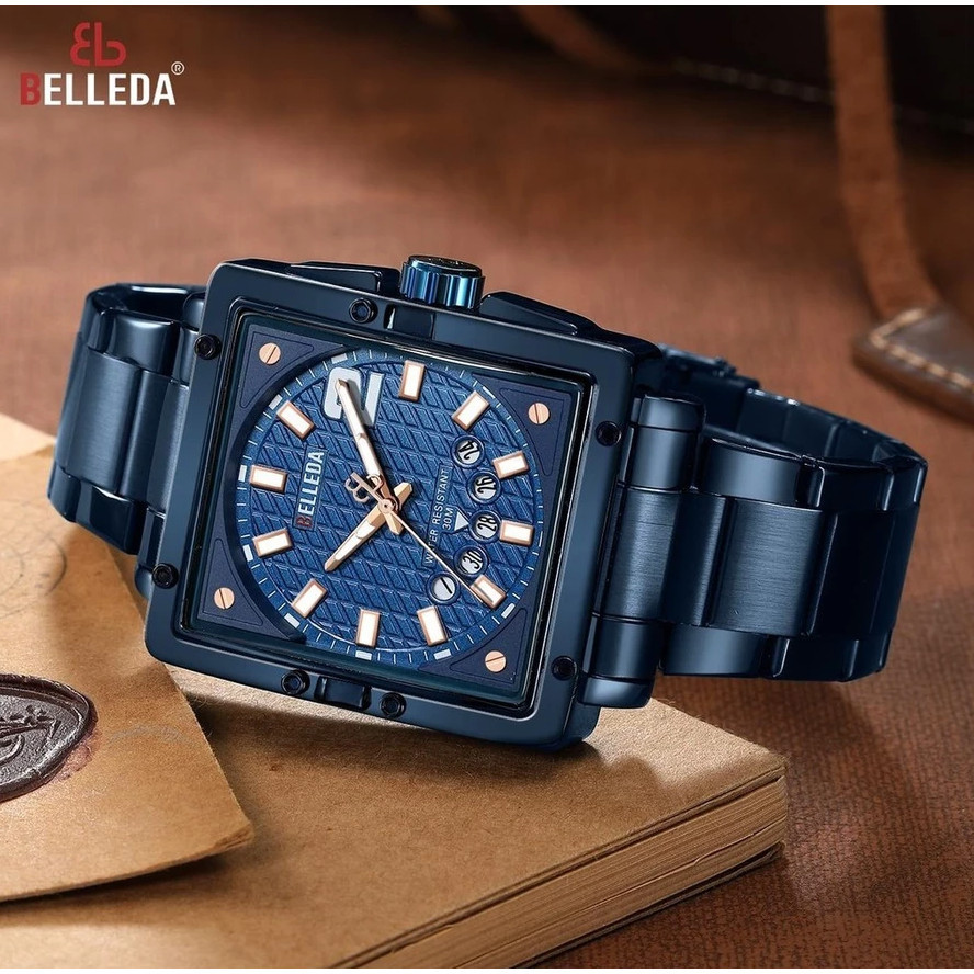 Jam Tangan Pria BELLEDA 9085 Rantai Model Segi Tanggal Aktif Anti Air Populer Bergaransi