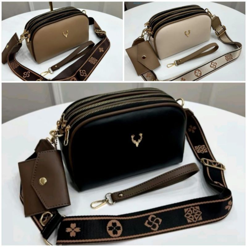 Tas Slempang Wanita 3 Ruang Tas Slempang Motif Rusa Casual Free Dompet
