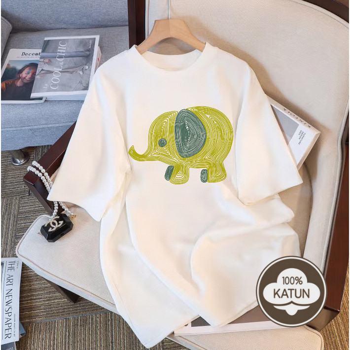 Kaos T Unisex Katun Kasual Motif Gajah Artistik - Hitam/Putih