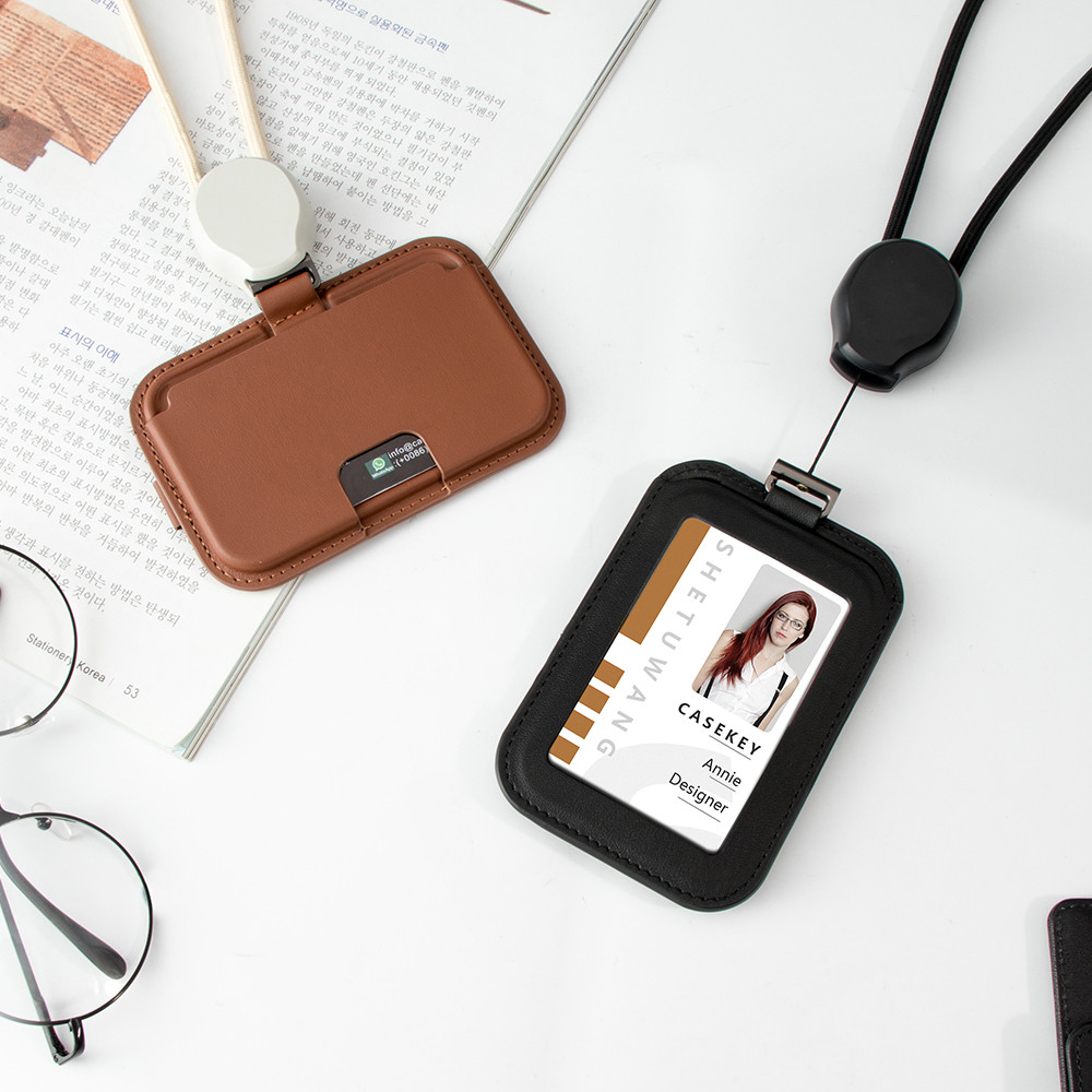 

CASEKEY Retractable Lanyard ID Badge Holder Leather Bank Bus Metro Pass Card Case Cover Men Women Name Tag Card Holder Strap