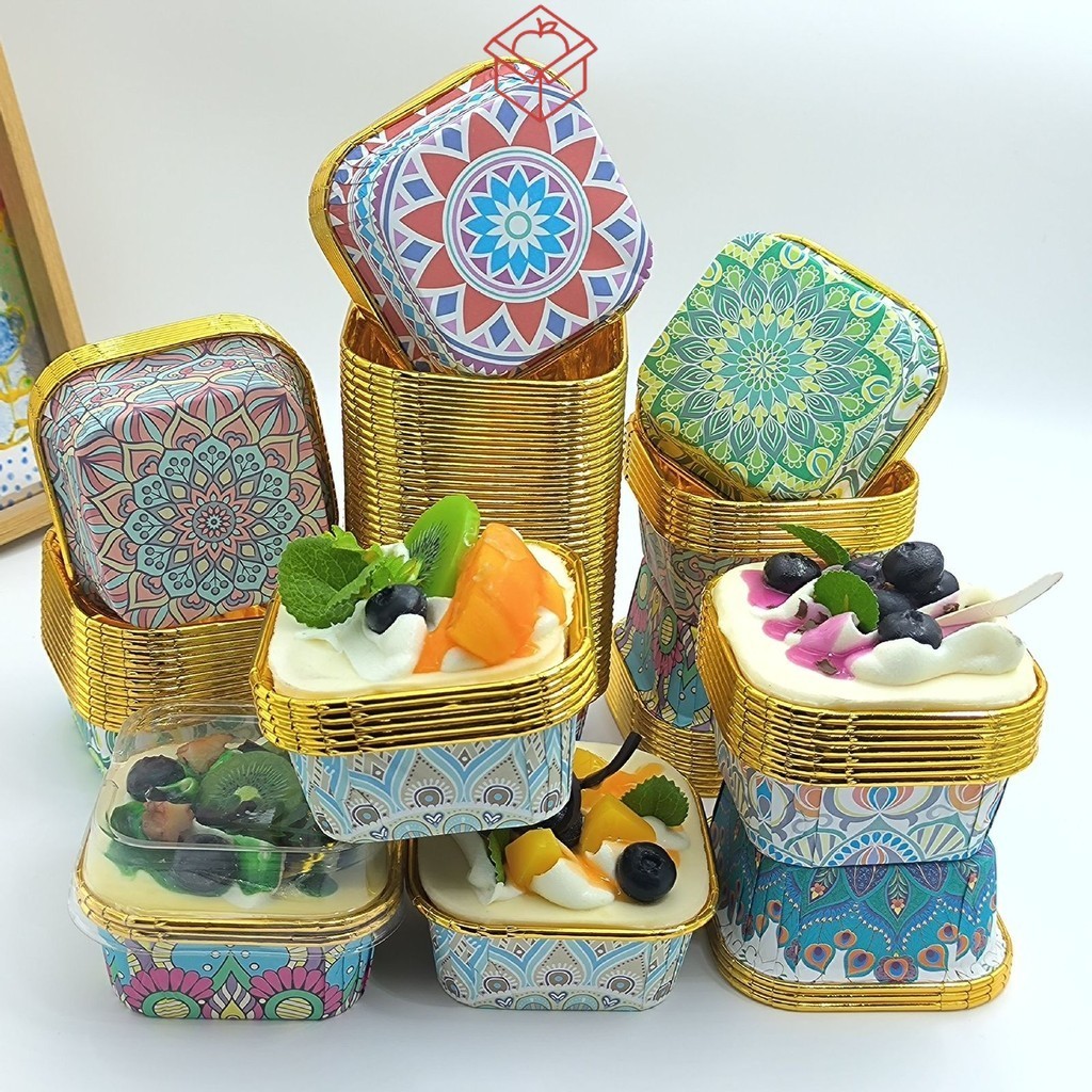 Kertas Kotak Kue Roti Dessert Metalic Motif Batik Diluar |  Square Cupcake Box | Box Kue | Alas Kue