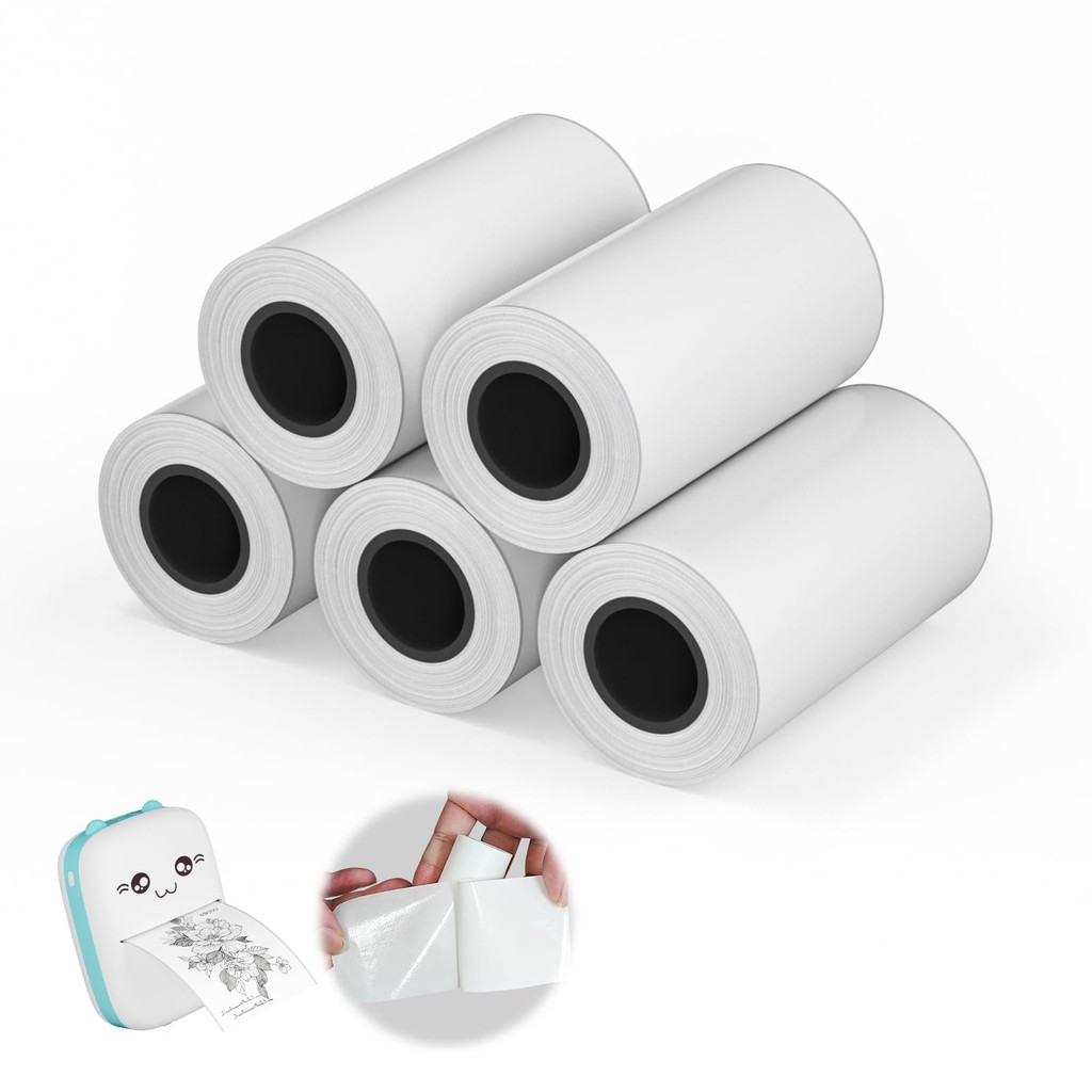 

57x25mm Thermal Sticker Paper for Mini Pocket Printer 5 Roll White Thermal Paper Compatible with All 57mm Pocket Thermal Printer