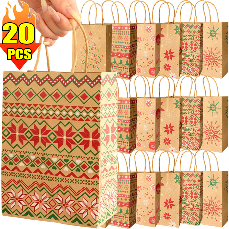 

1/20PCS Gift Bags Kraft Paper Candy Snack Goodie Packaging Bags Party Favor Presents Pouch Xmas New Year Home Decor