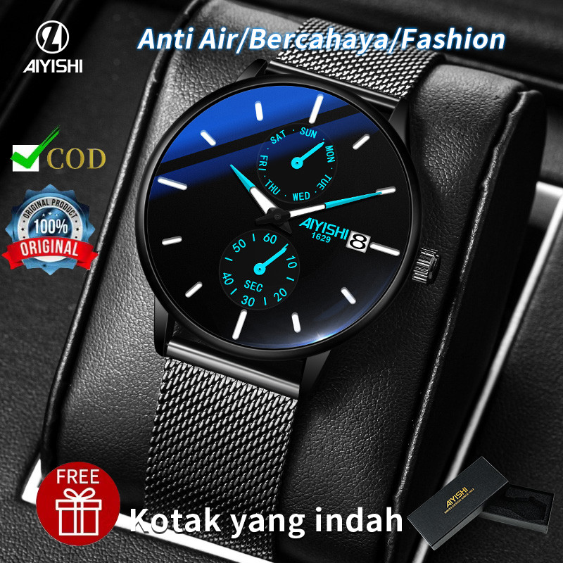 Jam Tangan Pria Anti Air Original 100% Tipis Fashion Aesthetic Hitam Arloji Pria Watch Menmeja siswa