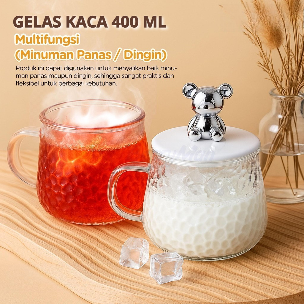 Free Sendok / Gelas Kaca Tutup Bear Lucu Aesthetic / Gelas Souvenir Korea Style 400 ml / GELAS TEH