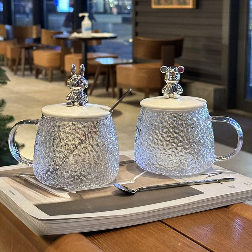 Gelas Kaca Tutup Bear Lucu Aesthetic /Free Sendok /  Gelas Souvenir Korea Style 400 ml / GELAS TEH