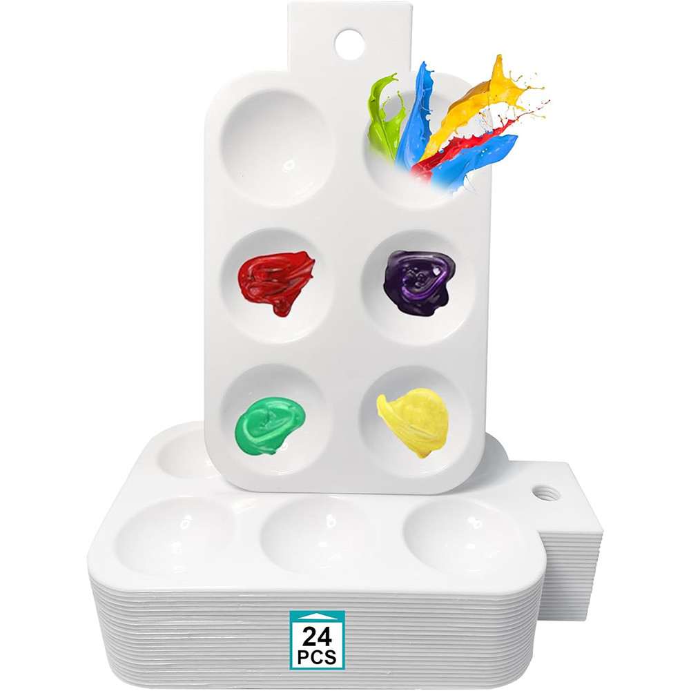 

24pcs Paint Tray Palettes with Hanging Hole Plastic Paint Pallets 6 Well Painting Trays for Kids on School Project Or Art Class