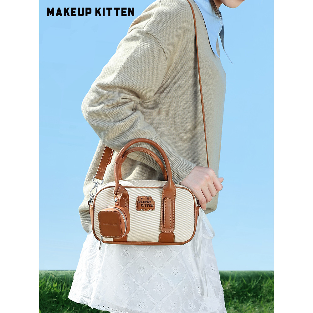MAKEUP KITTEN -  ransel wanita  Tas Bowling Boston Ringan Patchwork Blok Warna Kanvas Tas Selempang 