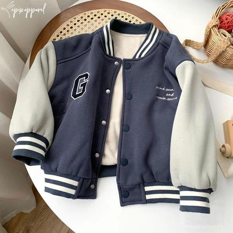 Jaket Distro Varsity Anak Unisex Cowok Cewek Model Bomber Baseball Tulisan G Navy Abu Muda Usia 4 6 