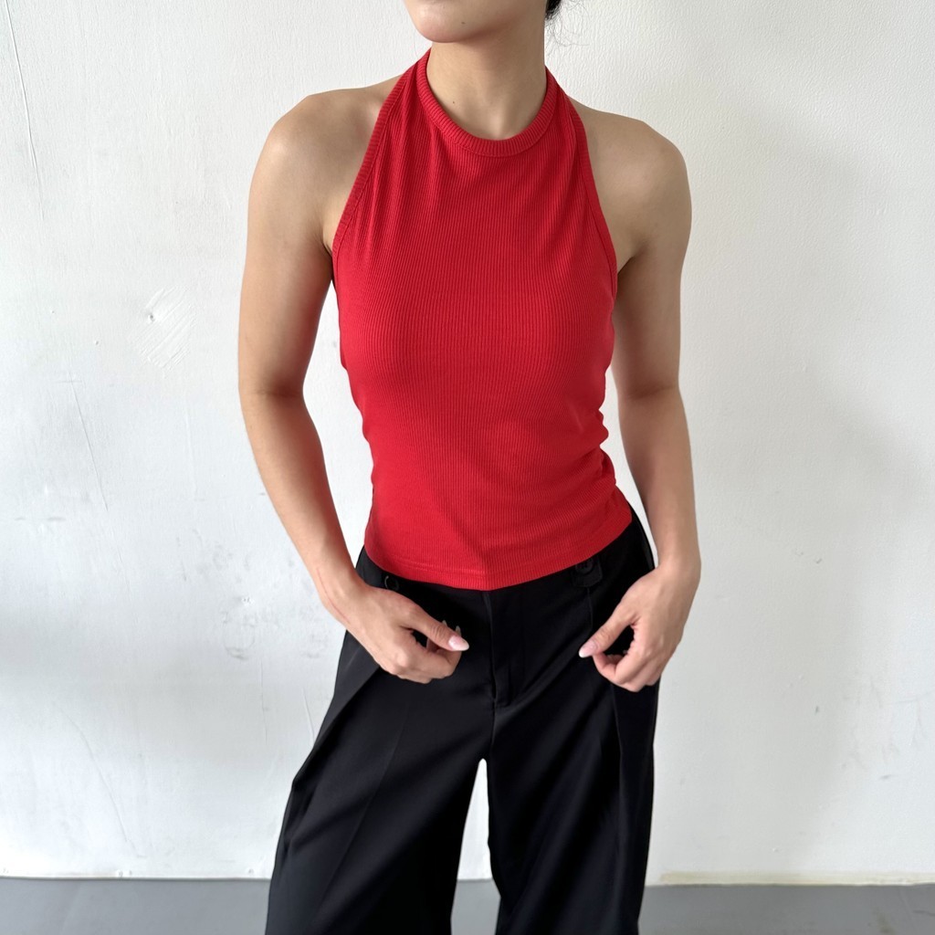 LU TOP - Tanktop Ribbed Knit Halter Neck Tank Kaos Backless Boat Racer Tee Basic Crop Top Summer Ata