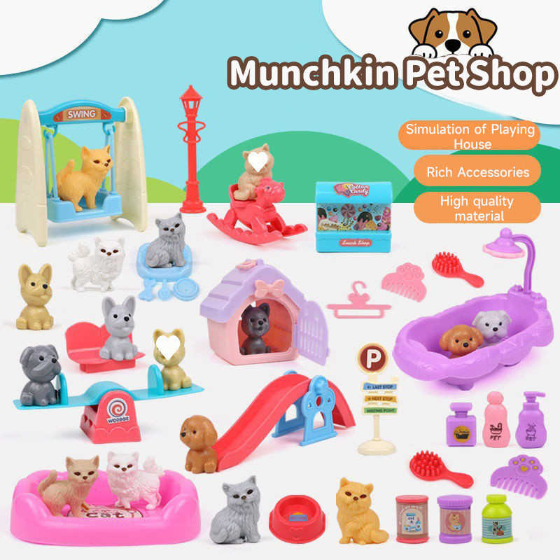 Pretend Play Toy Cute Dog Pet Family Toys Mini Fashion Cat Dog House Kennel Bathtub Play House Toy D