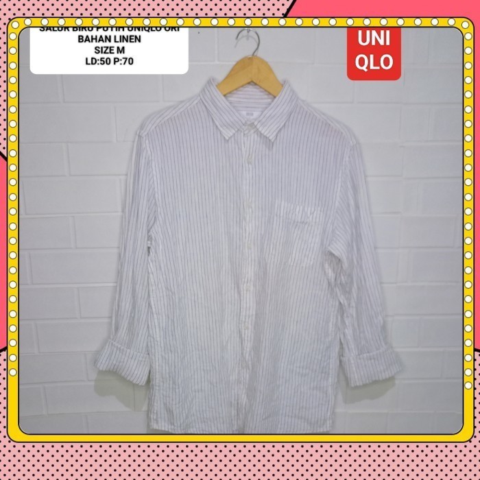 ( READY STOK ) Preloved KEMEJA SALUR LINEN UNIQLO ORI SIZE M WARNA PUTIH BIRU No Nego