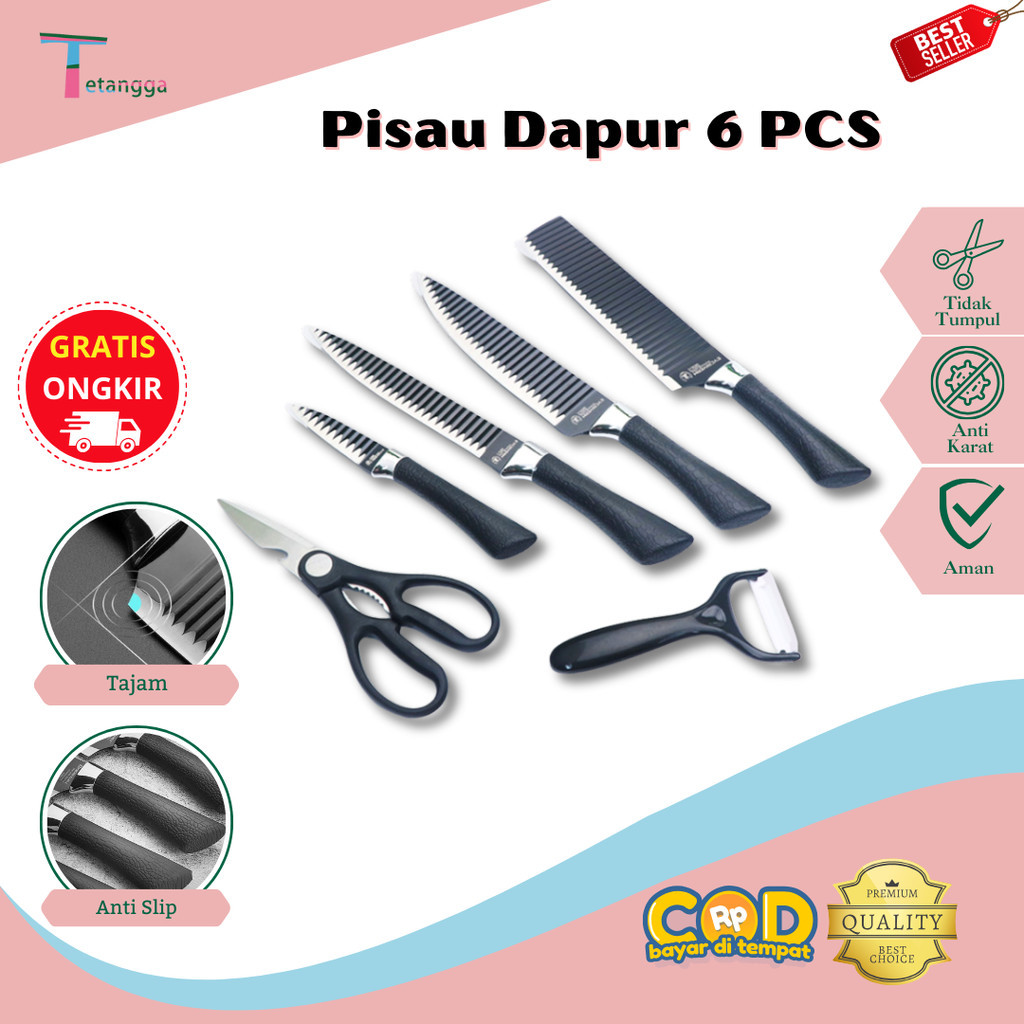 Set Pisau Dapur isi 6pcs Hitam Pisau Set 6 pcs Black Pemotong Gelombang Baja  Tahan Karat/VS 1813