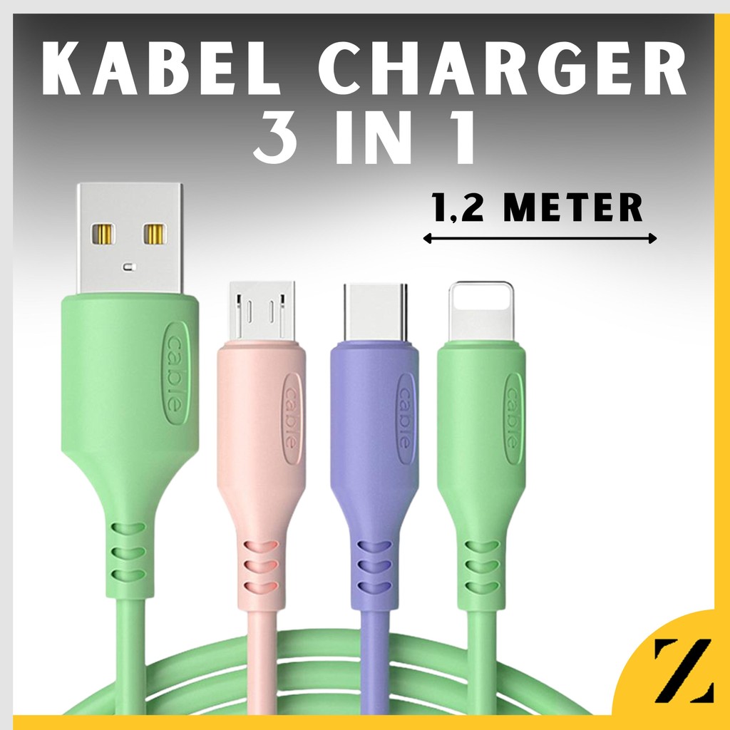 Kabel Charger Cabang 3 in 1 Handphone Hp fast charging cas cable type c micro usb iphone