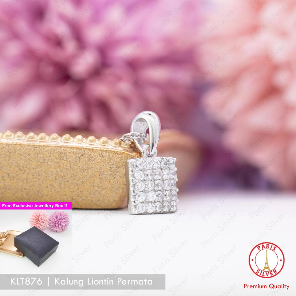 Kalung Bandul Permata Persegi Kotak Perak Asli Silver 925 Lapis Emas Putih Wanita Liontin Cewek