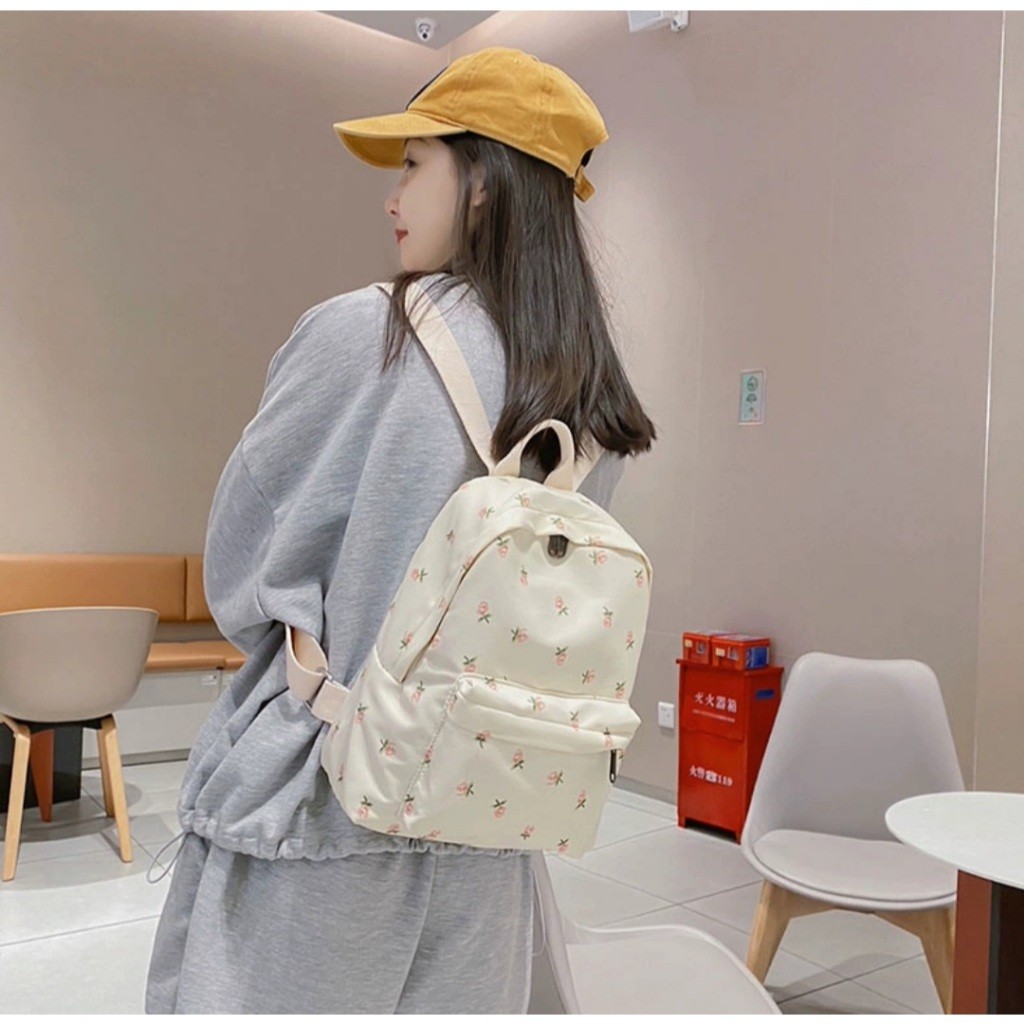 Alika Bag - Tas Ransel Mini Wanita Gambar Bunga Kasual Tas Buku Anak Perempuan Tas Sekolah Siswa Kap