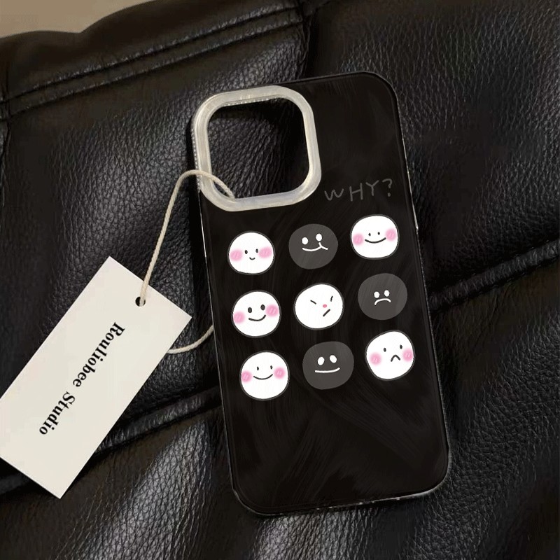 Casing ponsel dari benang bulu-Emoji hitam putih IPHONE (7 - 15) 14 15 PLUS X XS XR Berlaku untuk iP