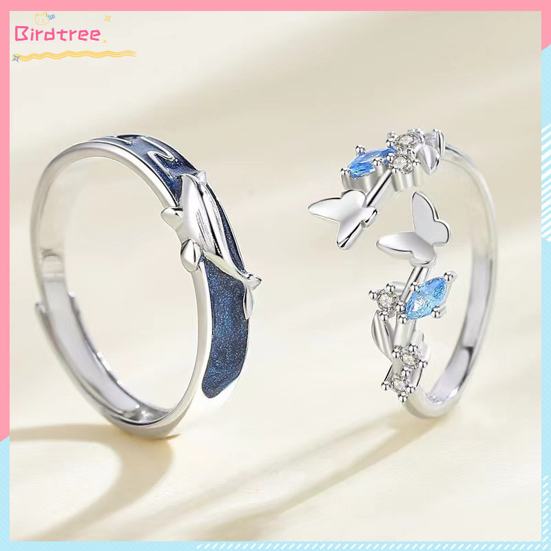 COD Cincin Couple Silver Adjustable Cincin Kupu-kupu Cincin Pasangan Berlian Imitasi Cincin Batu Per