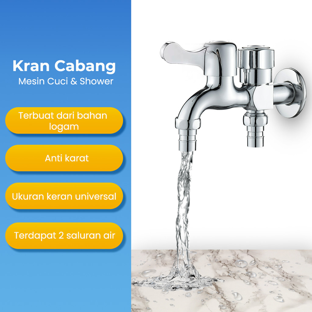Kran Air Cabang Dua Besi Untuk Shower dan Mesin Cuci 1/2 Inchi