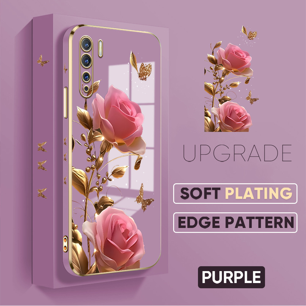 Casing Penuh Dengan Bunga Untuk For OPPO Reno 3 A91 (Lanyard Gratis) Gold Rose Flower Butterfly Patt