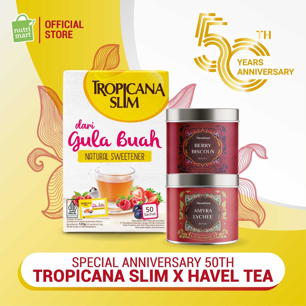

Tropicana Slim x Havel Tea Special 50th - Tropicana Slim Gula Buah 50 sch & Havel Tea Mini Can Classic Berrybiscous 5 Tea Bags & Havel Tea Mini Can Amyra Lychee 5 Tea Bags