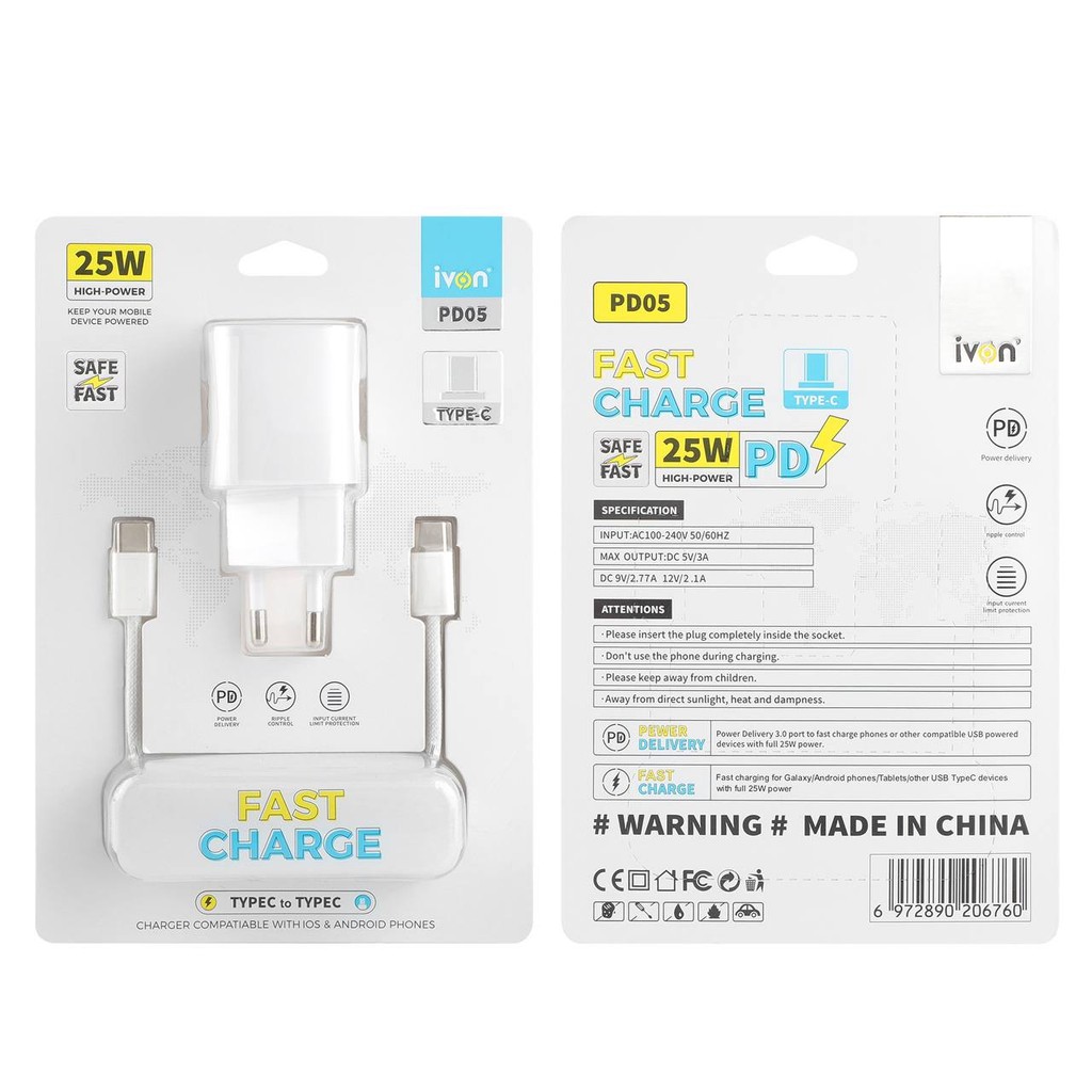 iVON Fast Charge 25W High Power ADAPTER FAST CHARGER Batok dan Kabel Data Type-C Android IOS PD05