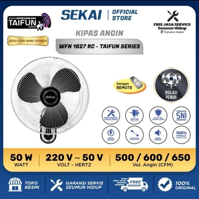 Sekai WFN1627RC Wall Fan 16inch Kipas Angin Dinding + Remote WFN 1627