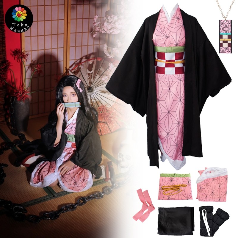 Kids Cosplay Nezuko Kimetsu No Yaiba Haori Yukata Fullset Kimono Jepang Anime Kimono Happi Kimetsu N
