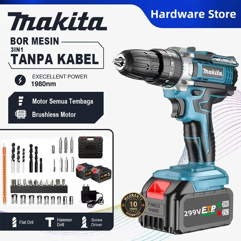 MAKlTA 299V Mesin bor 2baterai cas 10mm bor listrik murah bor tangan baterai besi tembok Beton kayu 