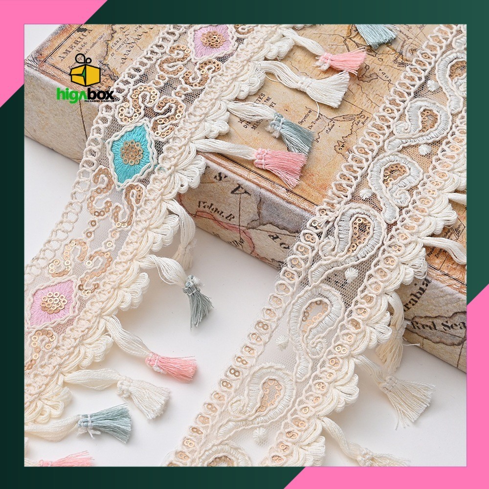 Renda Rajut Motif Cantik Bordiran Timbul Cream / Renda Rumbai / renda rajut tengah, renda rajut teng