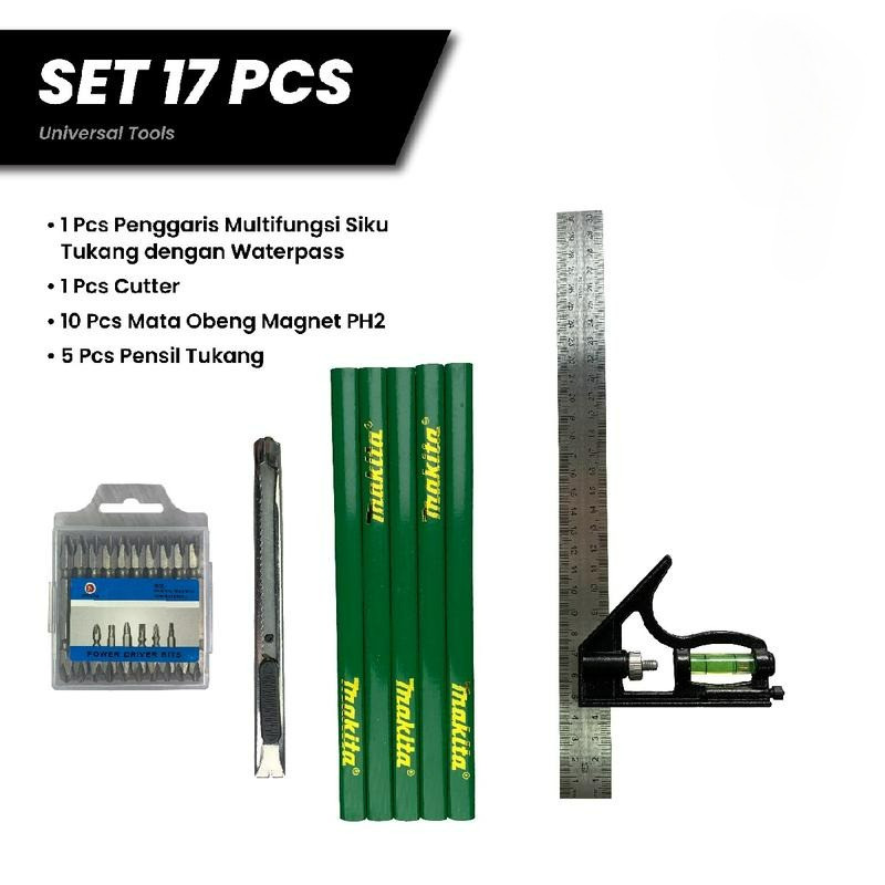 

Peket Set Penggaris Siku Tukang Multifungsi Stainless Steel dan Zinc Alloy dengan Waterpass, Pensil tukang, Mata obeng magnet dan Cutter stainless multifungsi